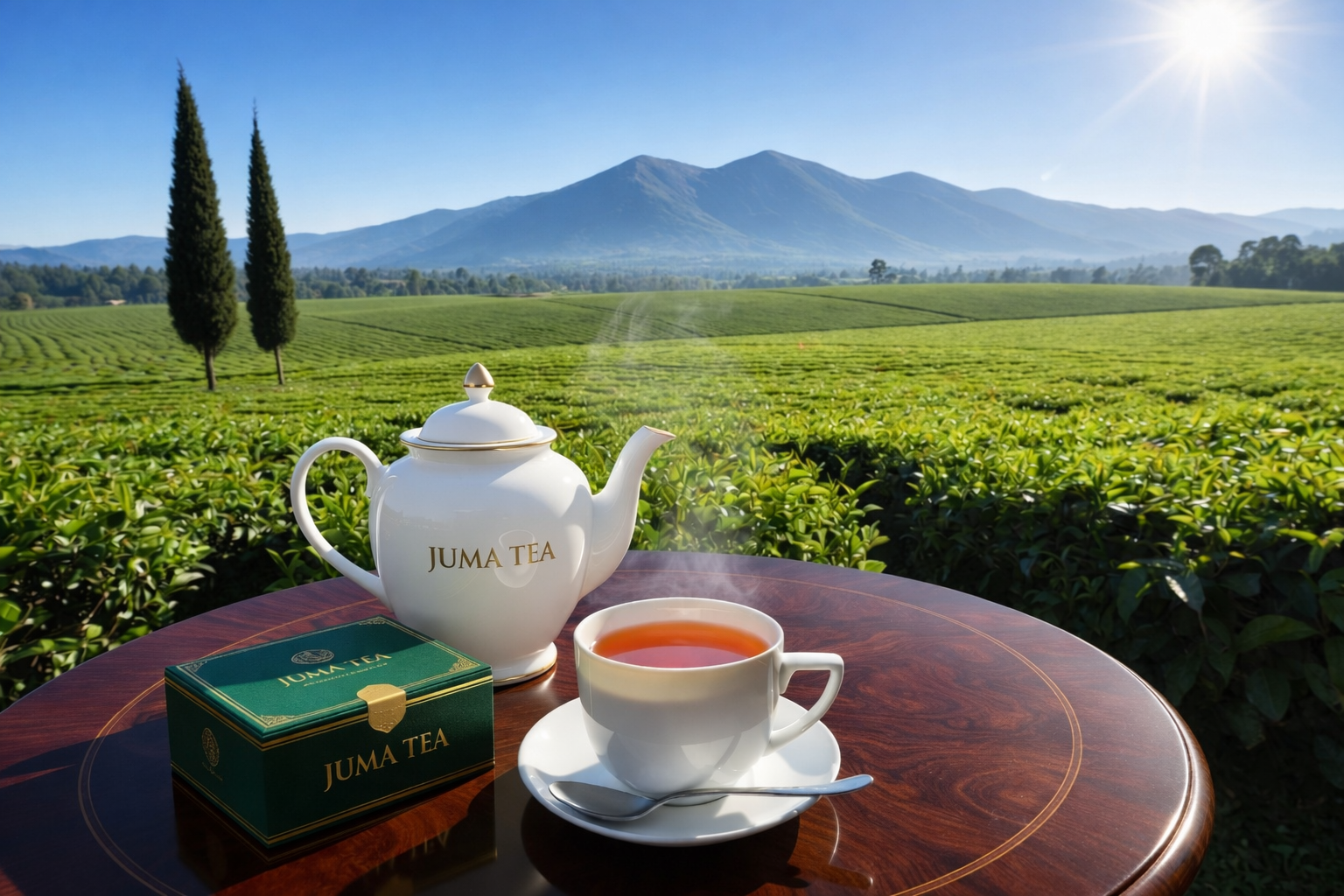 Juma Tea teapot and cup overlooking a highland tea plantation